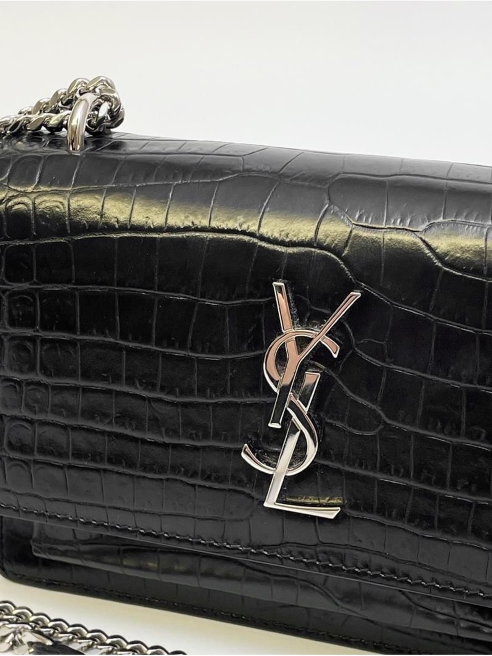 Saint Laurent Black Croc-Embossed Chain Crossbody Bag with Silver YSL Logo - Picture 3 of 6